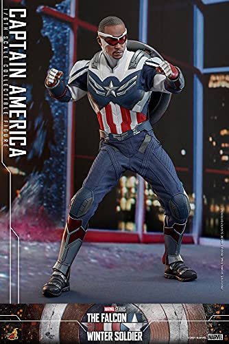 Hot Toys Capitán América 1:6 – Figura de Colección de El Halcón y el Soldado de Invierno, Detalles Realistas, Traje Azul con Escudo y Accesorios, Articulada para Exhibición Premium