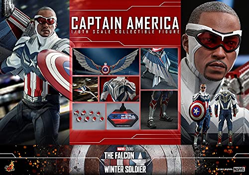 Hot Toys Capitán América 1:6 – Figura de Colección de El Halcón y el Soldado de Invierno, Detalles Realistas, Traje Azul con Escudo y Accesorios, Articulada para Exhibición Premium