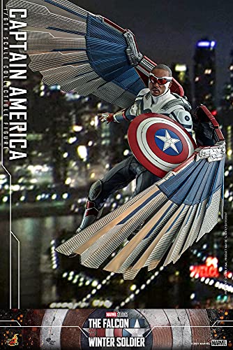 Hot Toys Capitán América 1:6 – Figura de Colección de El Halcón y el Soldado de Invierno, Detalles Realistas, Traje Azul con Escudo y Accesorios, Articulada para Exhibición Premium