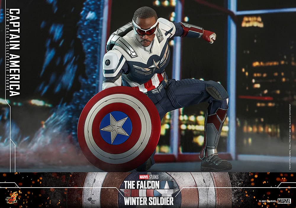 Hot Toys Capitán América 1:6 – Figura de Colección de El Halcón y el Soldado de Invierno, Detalles Realistas, Traje Azul con Escudo y Accesorios, Articulada para Exhibición Premium