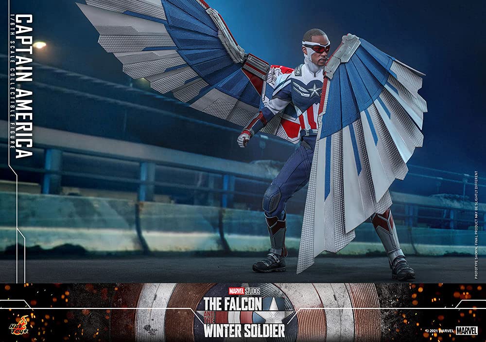 Hot Toys Capitán América 1:6 – Figura de Colección de El Halcón y el Soldado de Invierno, Detalles Realistas, Traje Azul con Escudo y Accesorios, Articulada para Exhibición Premium