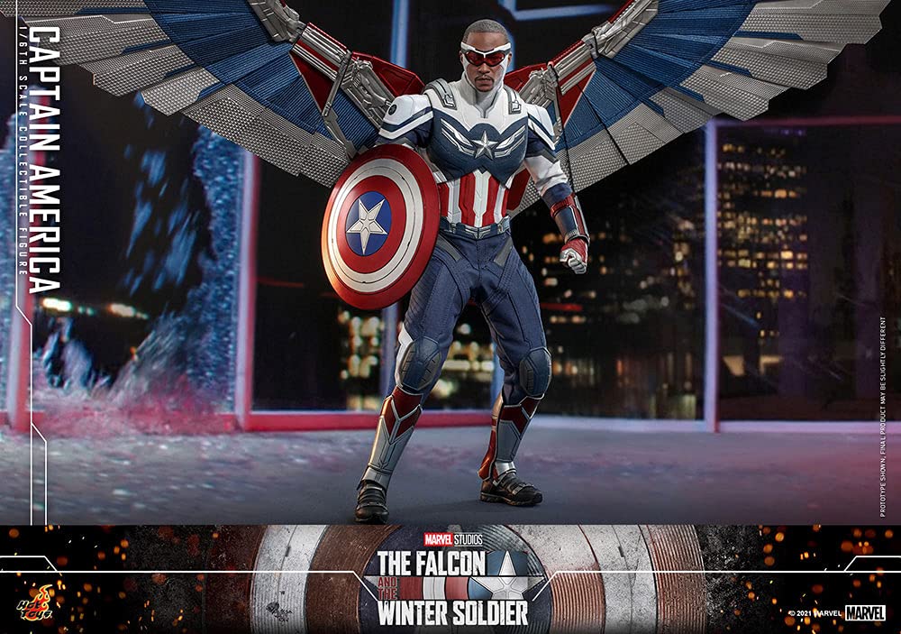 Hot Toys Capitán América 1:6 – Figura de Colección de El Halcón y el Soldado de Invierno, Detalles Realistas, Traje Azul con Escudo y Accesorios, Articulada para Exhibición Premium
