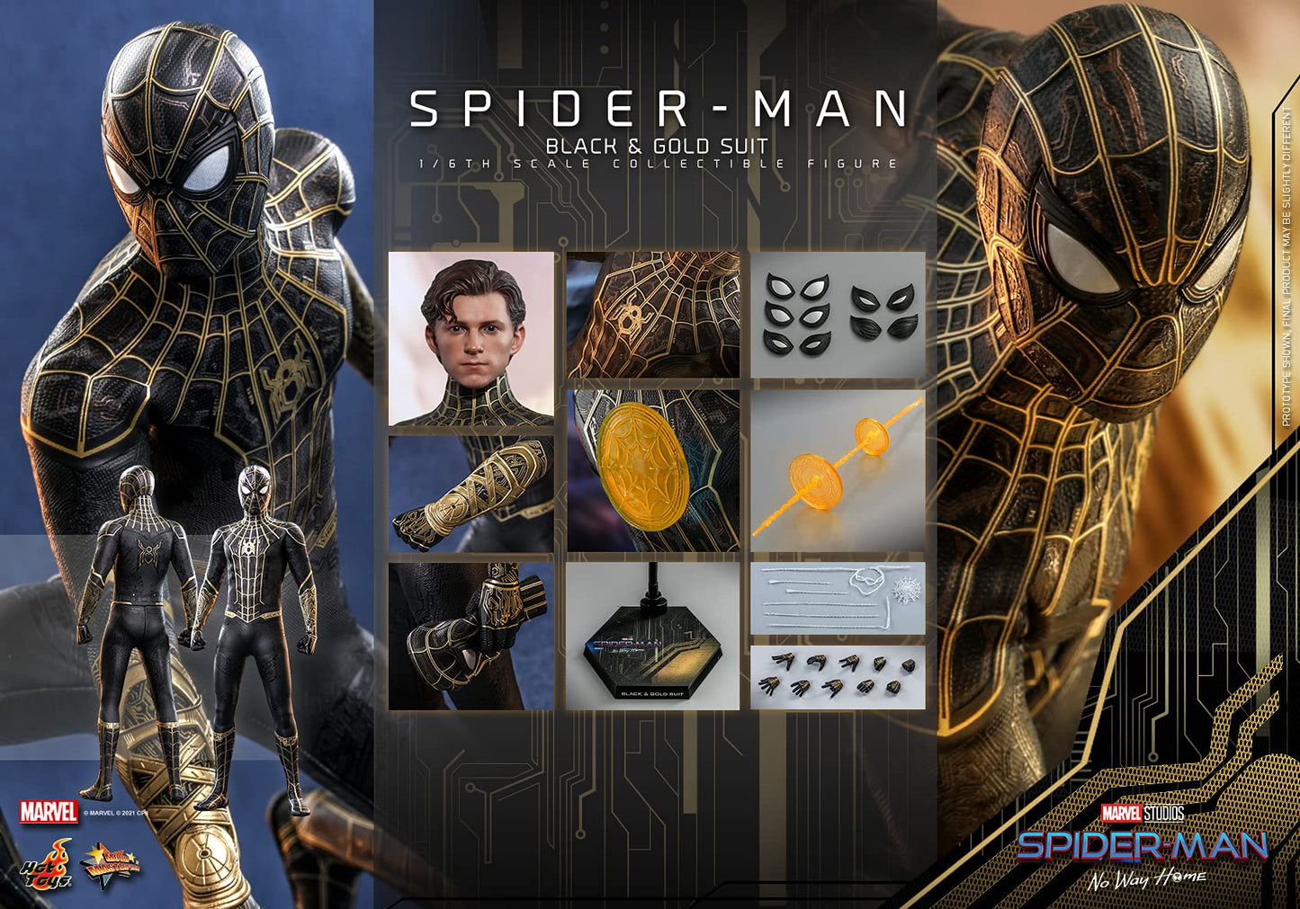 Hot Toys Spider-Man Traje Negro y Dorado 1:6 – Figura de Colección de Spider-Man: No Way Home, Detalles Realistas, Traje y Accesorios Completo, Articulada para Exhibición Premium